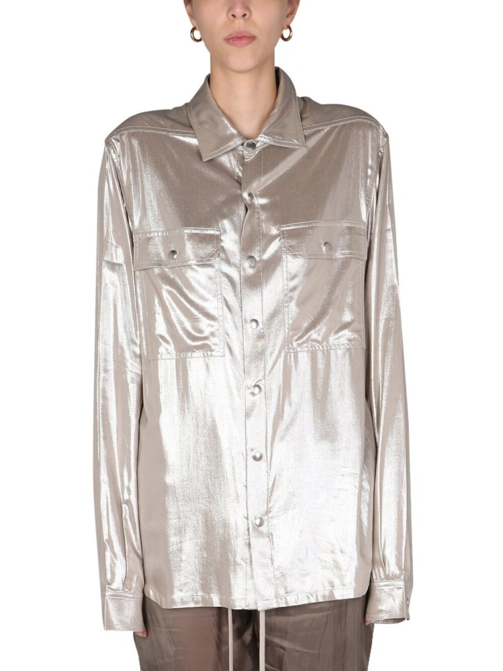 Rick Owens SS22 "Fogachine" Taupe Metallic Habotai Viscose Snap-Front Shirt